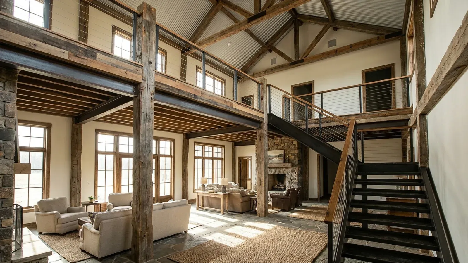 A barndominium great room with an open loft level and railing built over part of the room, reached by an open staircase.