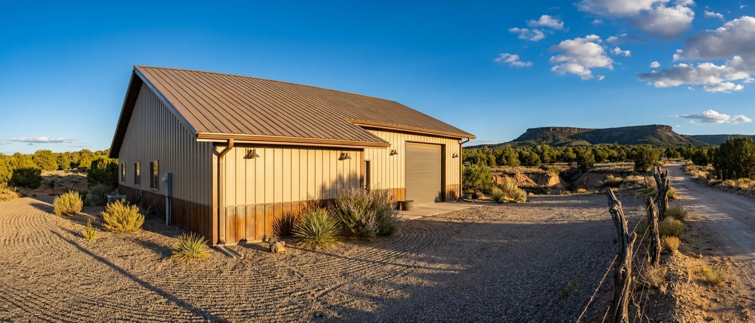 A completed barndominium viewed from a low angle showing its standing seam metal roof, vertical wall panels, gutters and exterior wall lights.