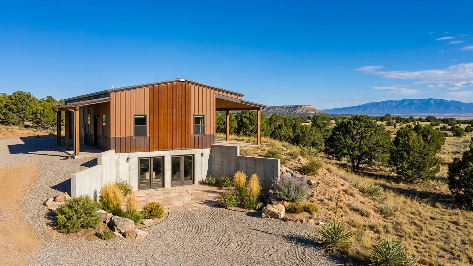 A barndominium with a walkout basement built into a sloping piñon-juniper lot, the lower level opening onto a patio at grade.