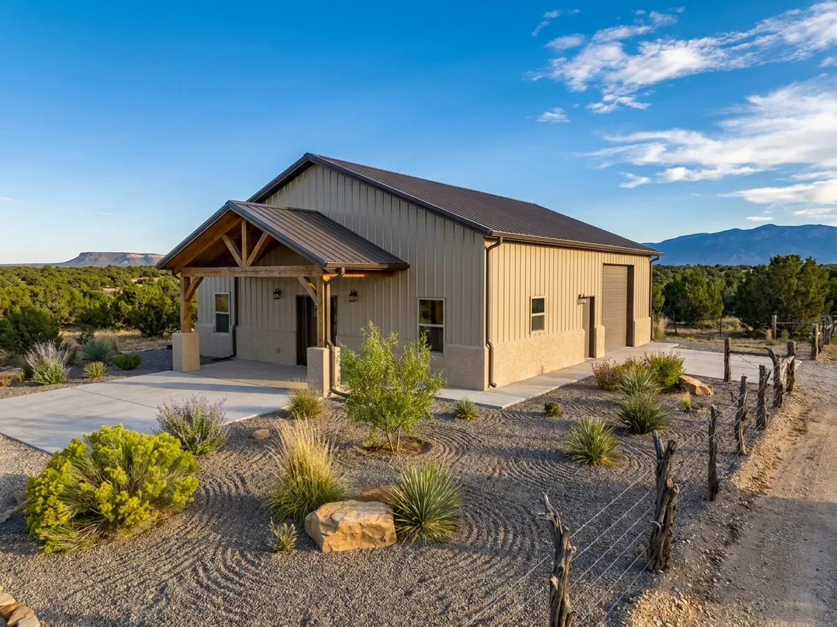 A completed sand-coloured barndominium viewed from the front corner, with a covered entry porch, an attached shop bay and a xeriscaped gravel yard.
